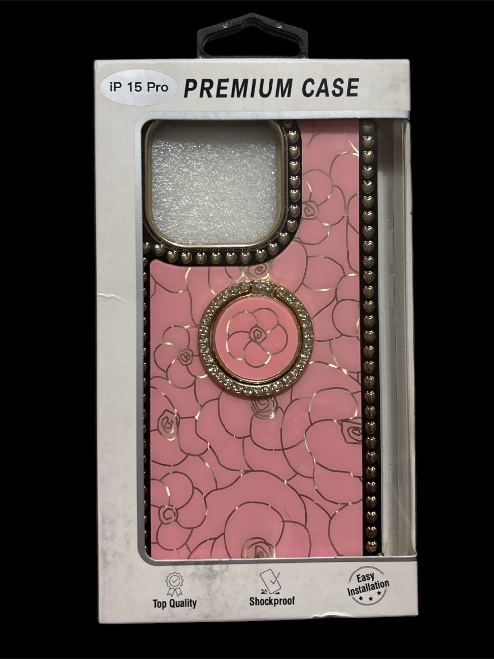 Premium Pink Floral iPhone 15 Pro Case with Gold Ring Grip